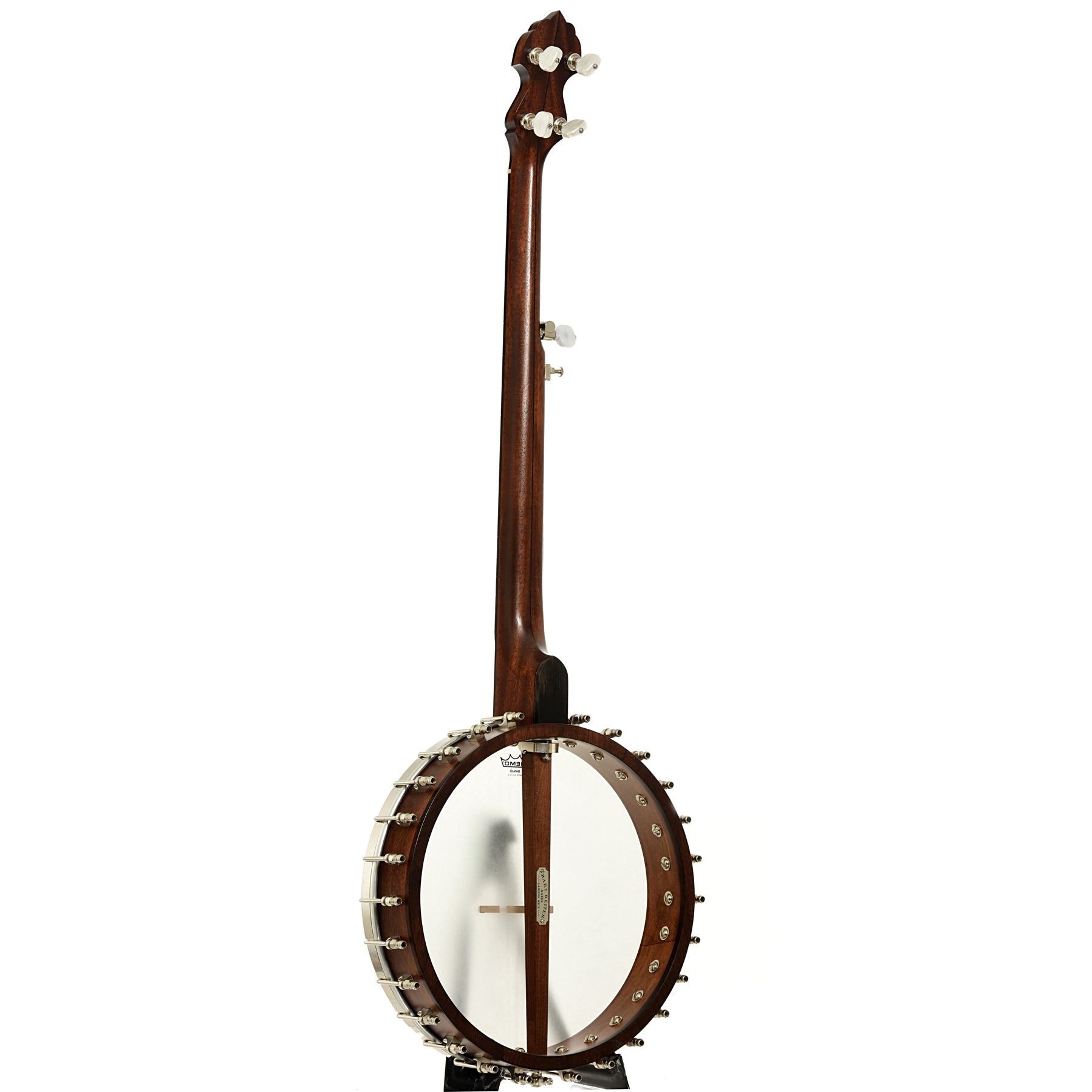 Full back and side of Bart Reiter Round Peak Open Back Banjo