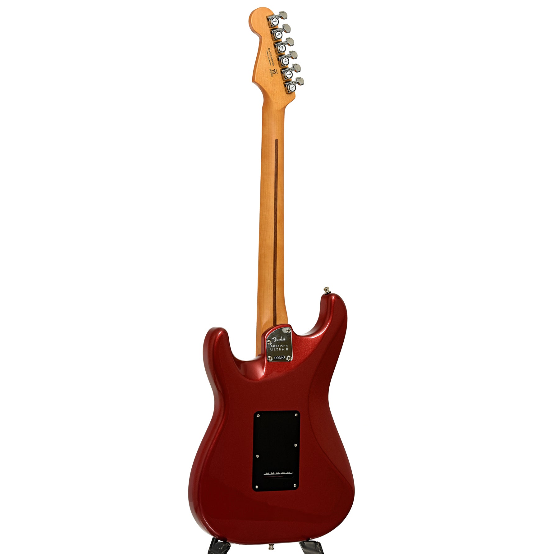 Full back and side of Fender American Ultra II Stratocaster Electric Guitar & Case, Sinister Red