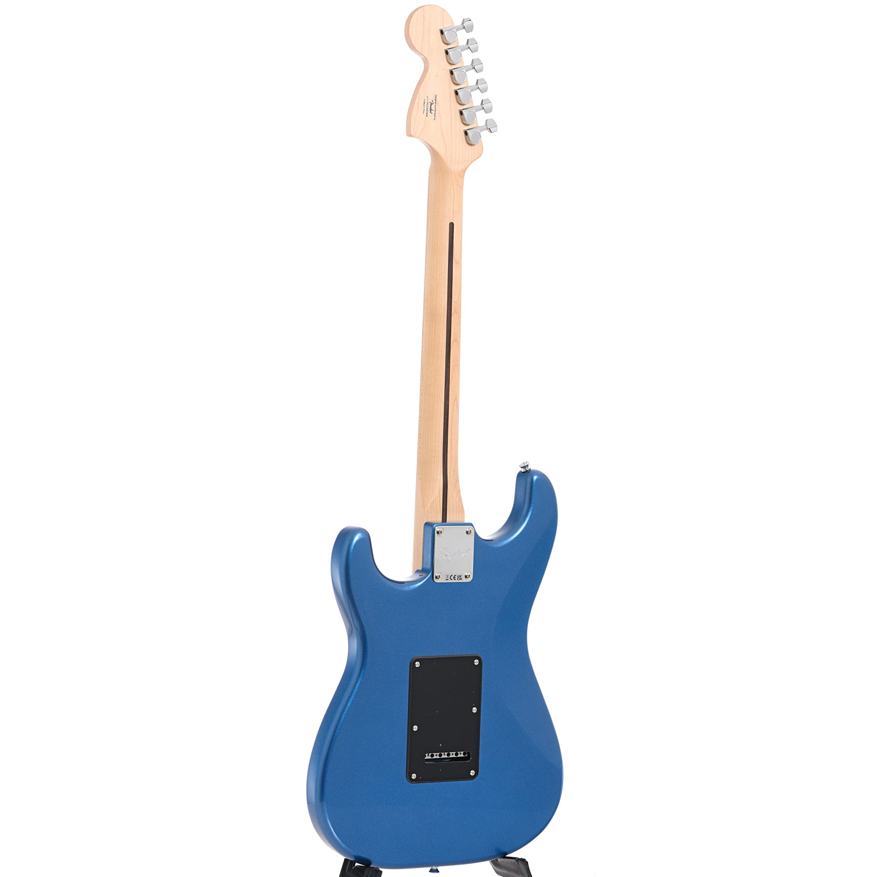Full back and side of Squier Affinity Series Stratocaster, Lake Placid Blue