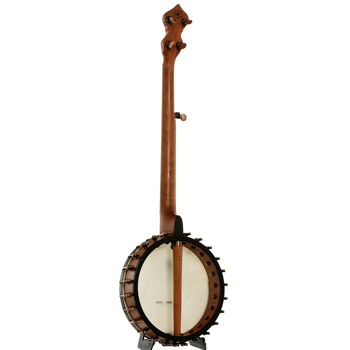 Full back and side of Ome Wizard Cherry 11" Open Back Banjo 
