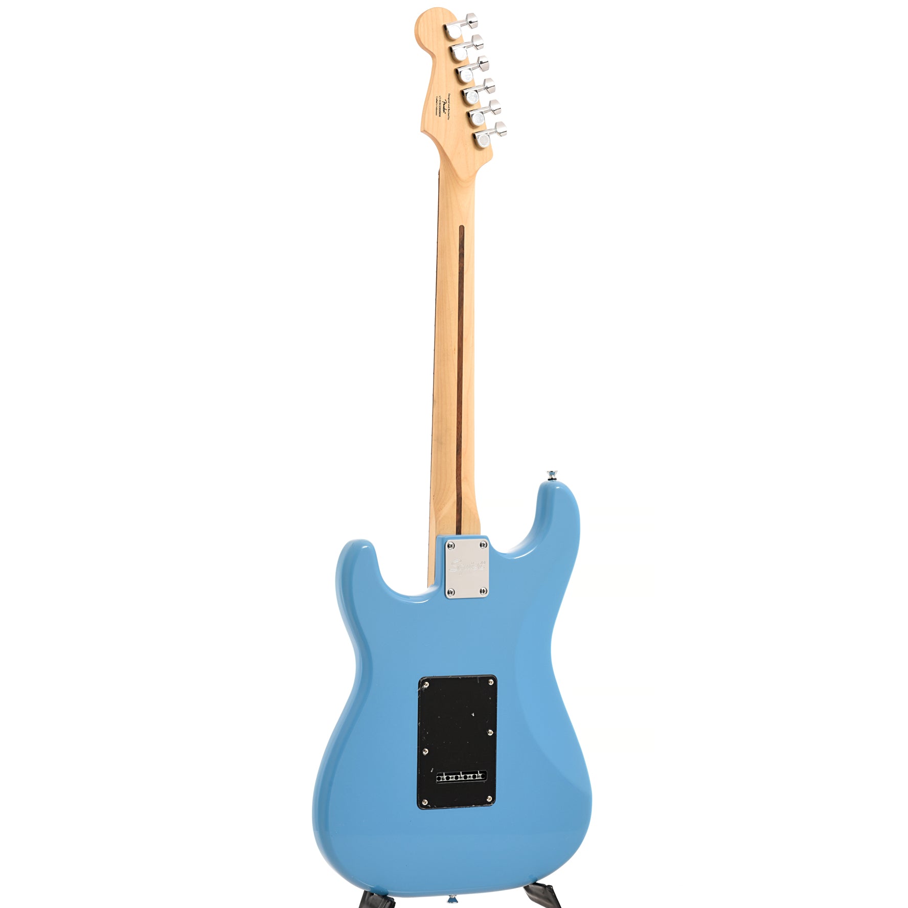 Full back and side of Squier Sonic Stratocaster, California Blue