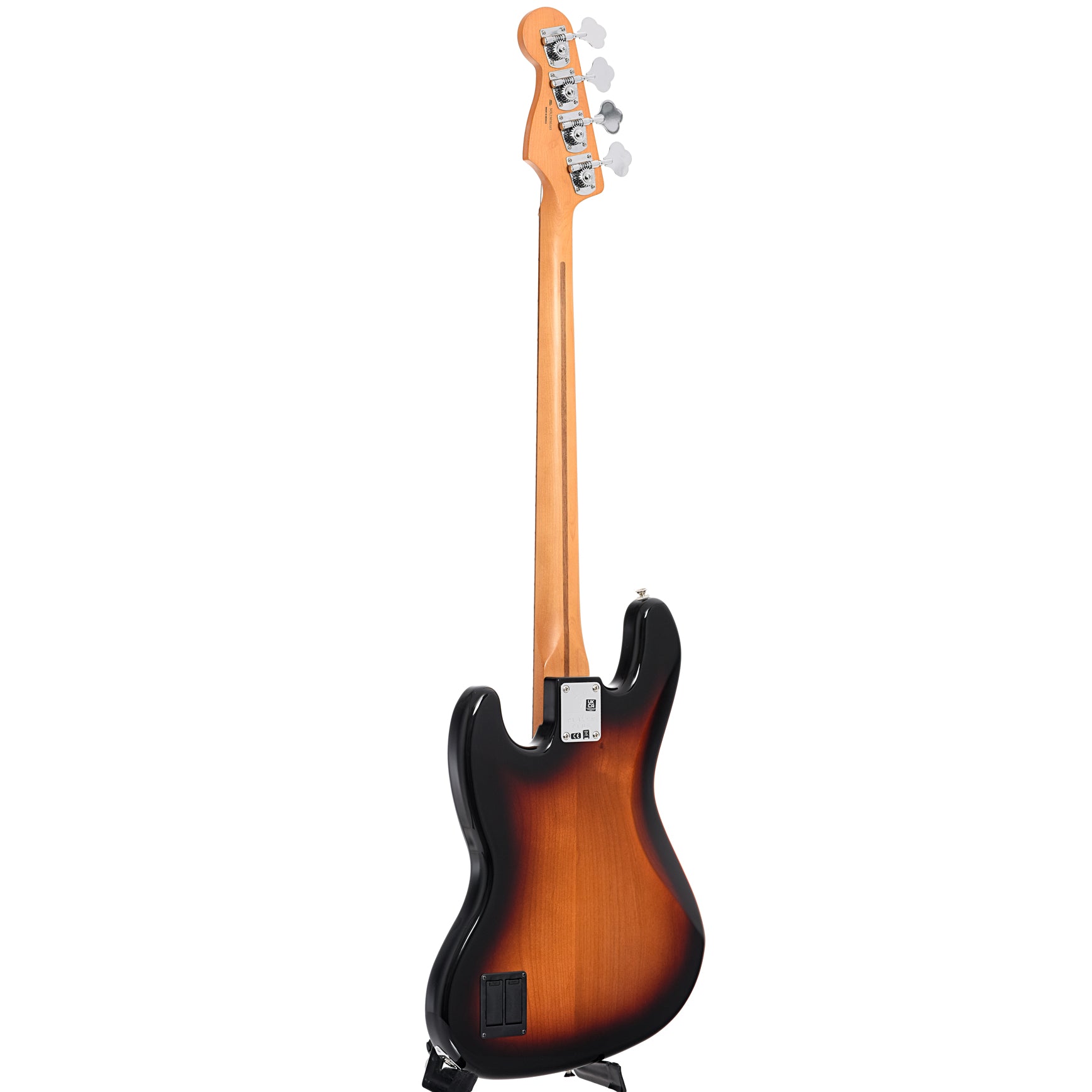 Full back and side of Fender Player Plus Jazz Bass, 3-Color Sunburst