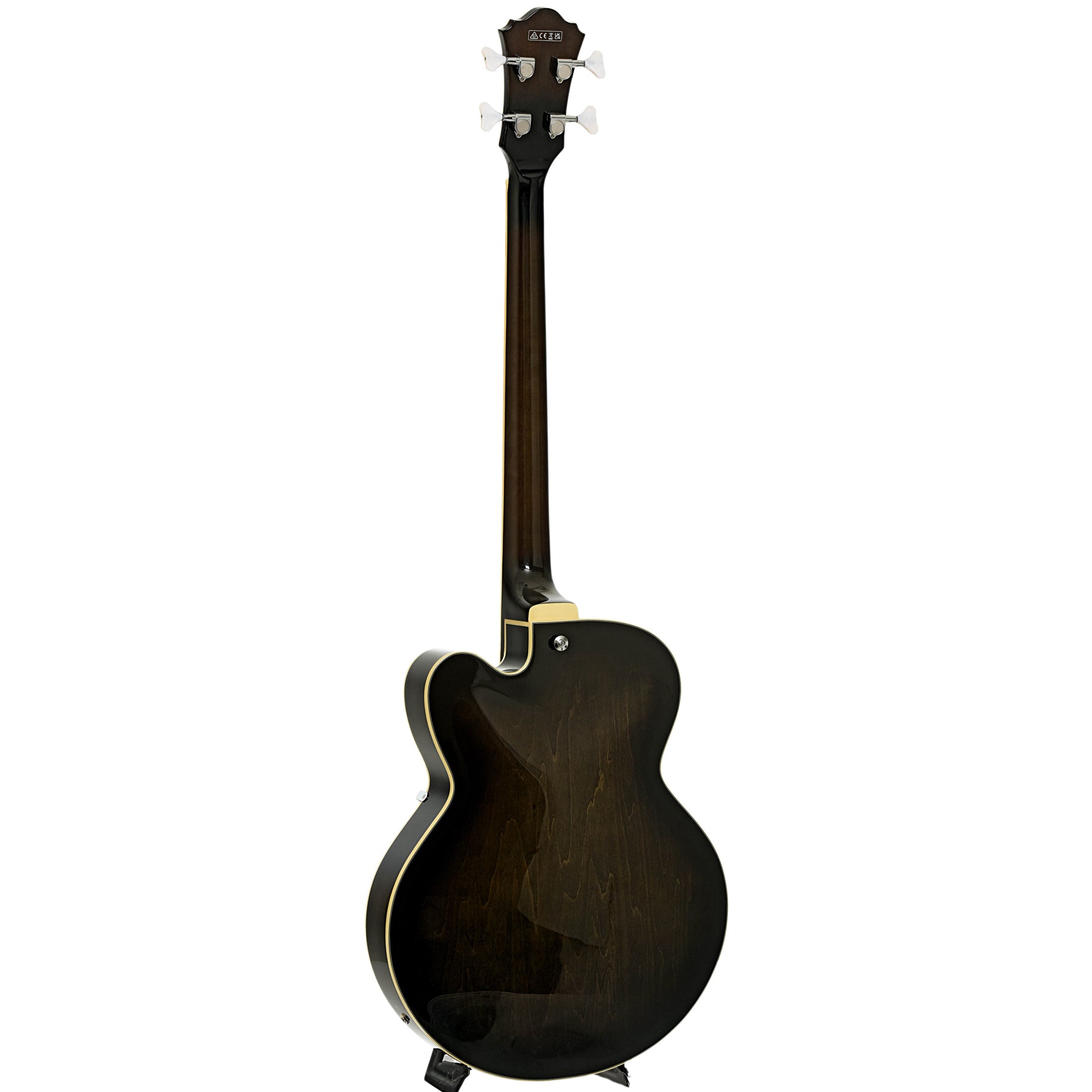 Full back and side of Ibanez Artcore AFB200 Hollowbody Electric Bass Guitar, Transparent Black Sunburst