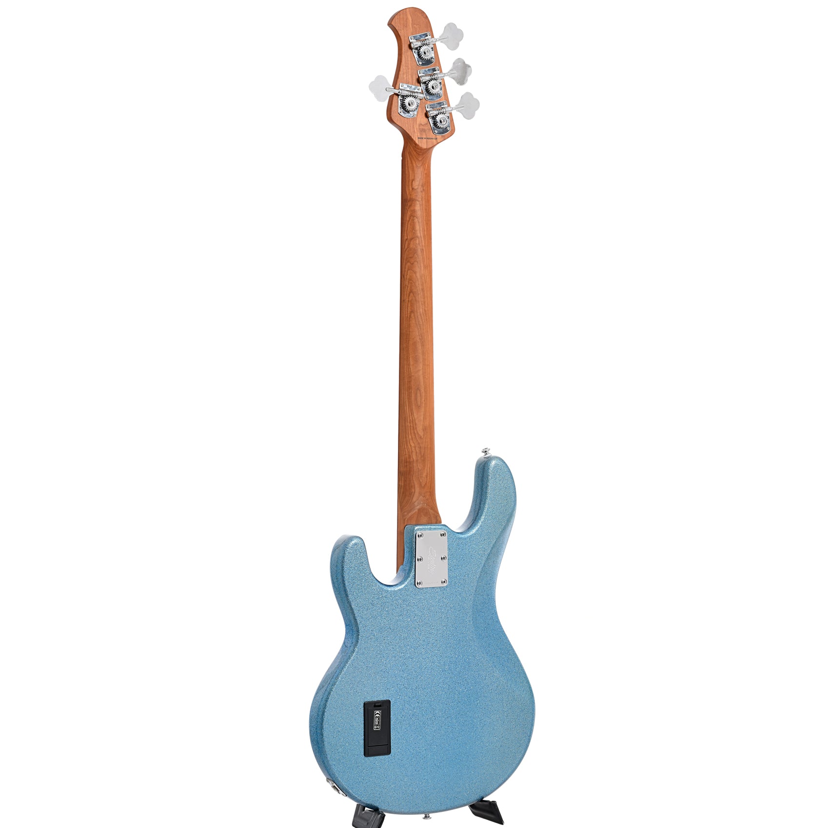 Full back and side of Sterling by Music Man B-Stock Stingray34 4-String Bass, Blue Sparkle