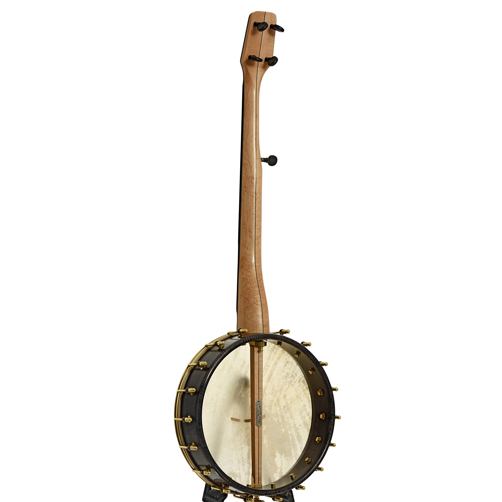 Full back and side of Chuck Lee Deep Hollow 12" Fretless Openback Banjo #875