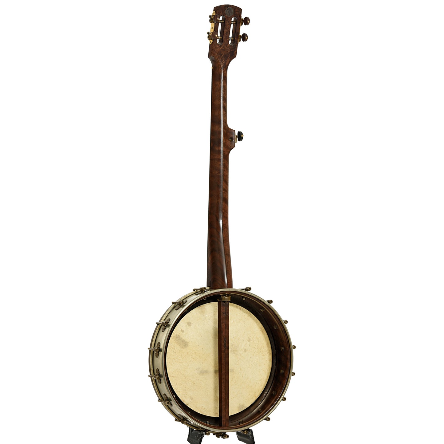 Full back and side of Brooks Masten Silverspun Custom Walnut 12" Openback Banjo