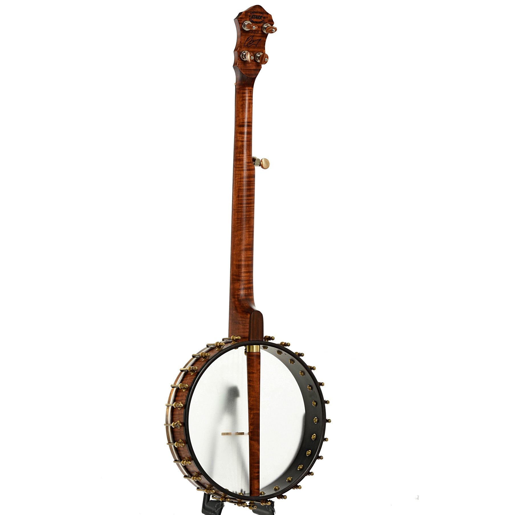 Full back and side of Starr Limited Edition Banjos 12" Curly Maple Open-back Banjo