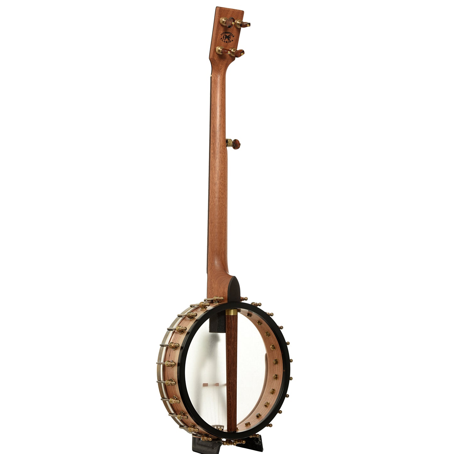 Full back and side of Ome Tupelo 11in Openback Banjo, Mahogany Neck