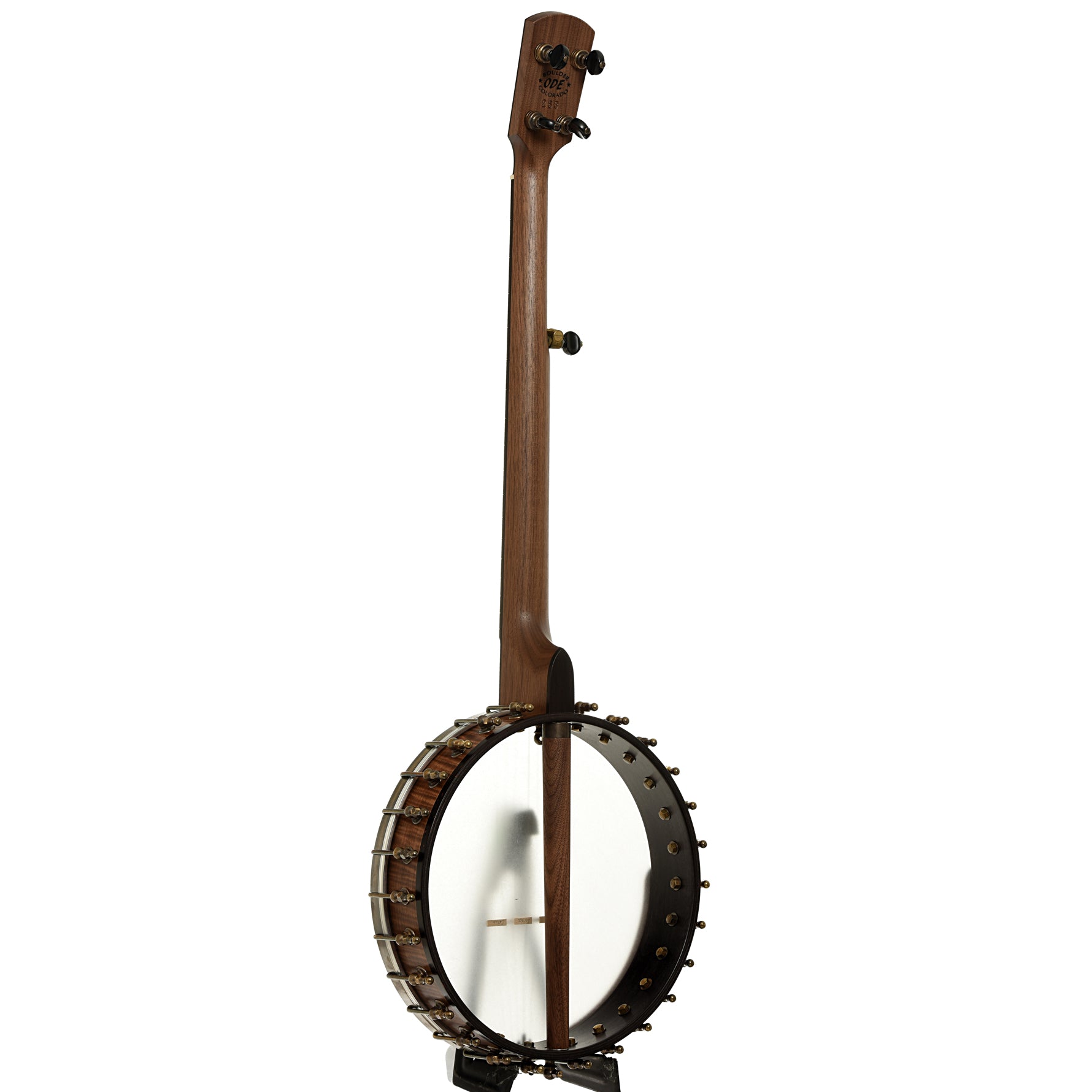 Full back and side of Ode Magician 12" Walnut Openback Banjo