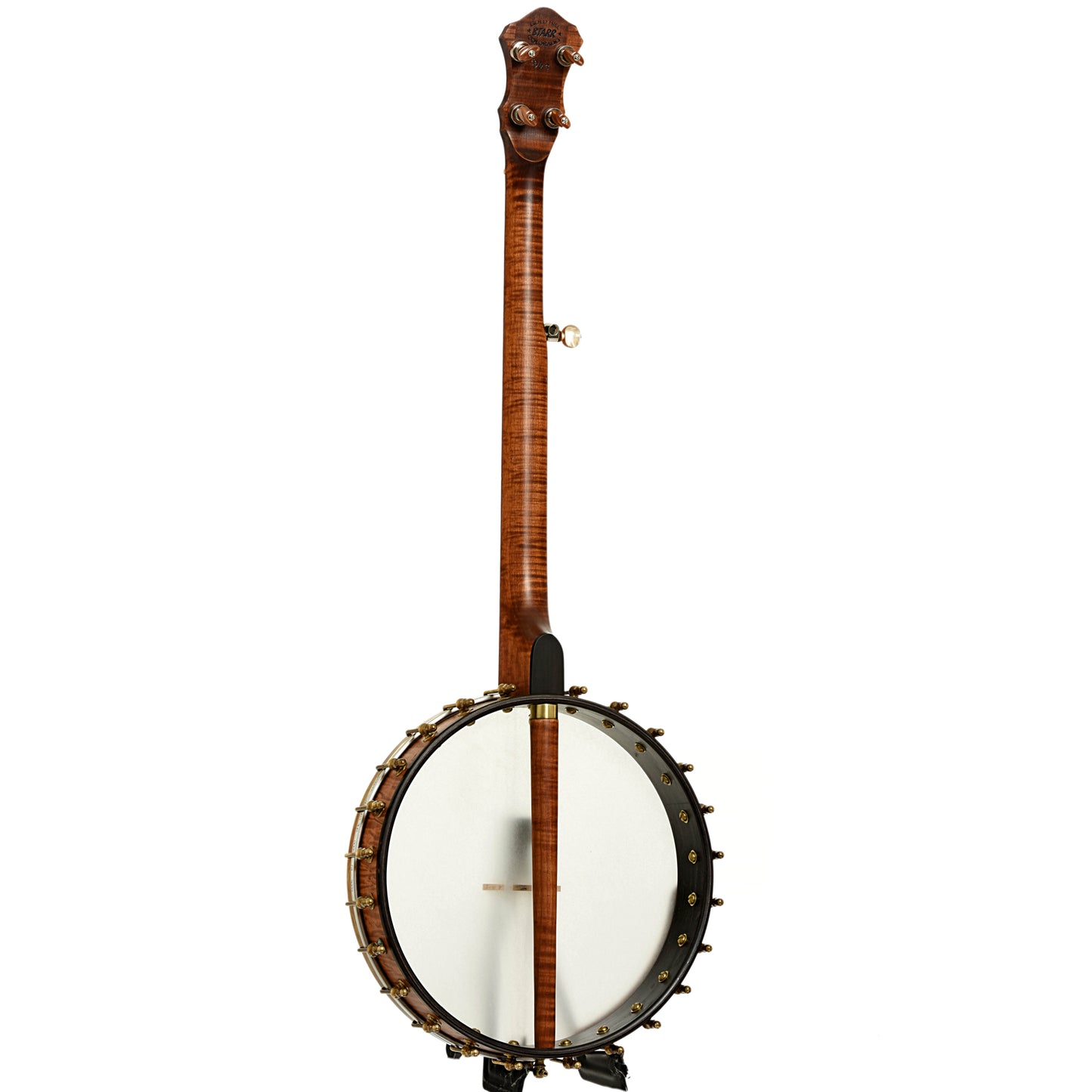 Full back and side of Starr Banjos 13" Curly Maple Openback Banjo