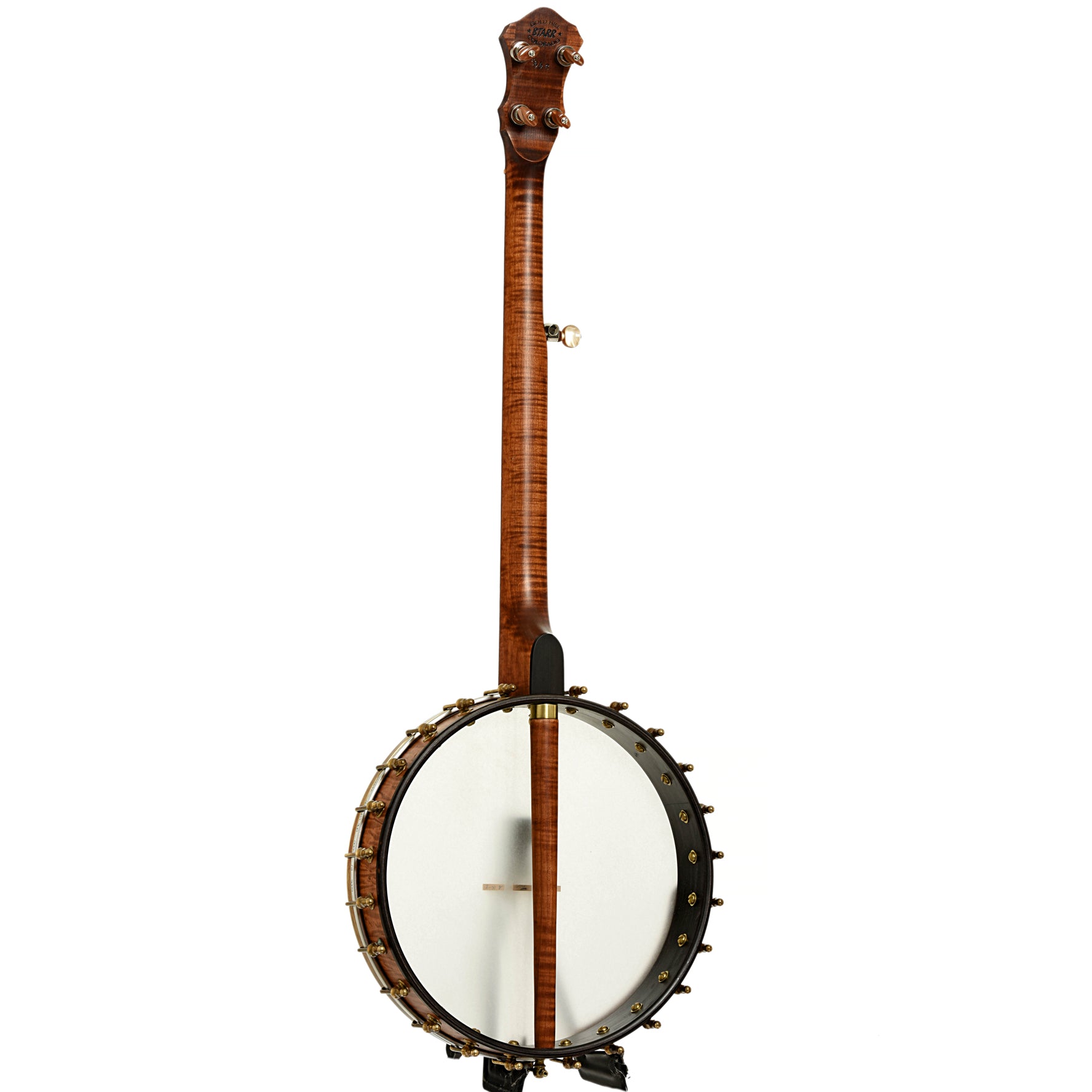 Full back and side of Starr Banjos 13" Curly Maple Openback Banjo