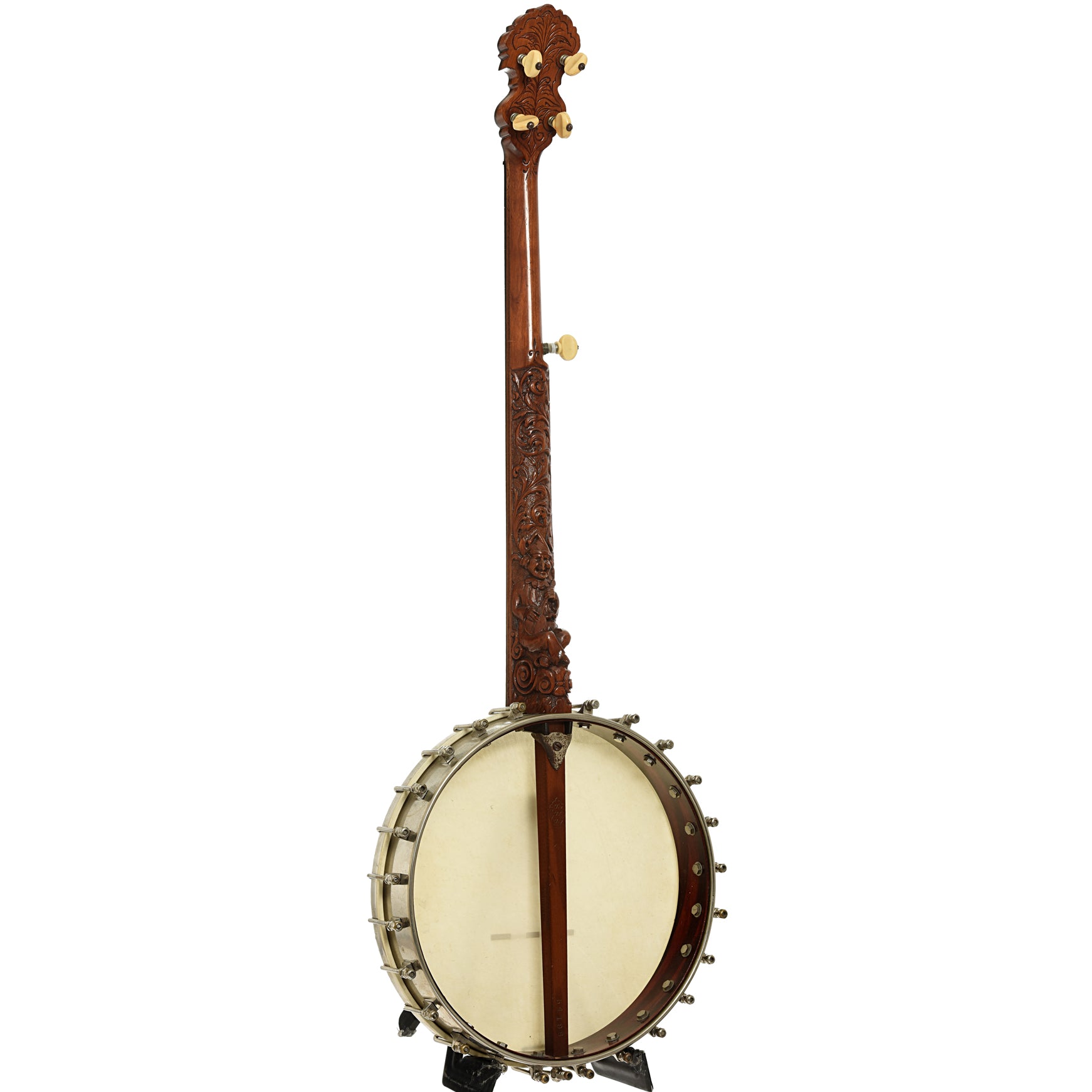 Full back and side of S.S. Stewart Gnome Open Back Banjo 