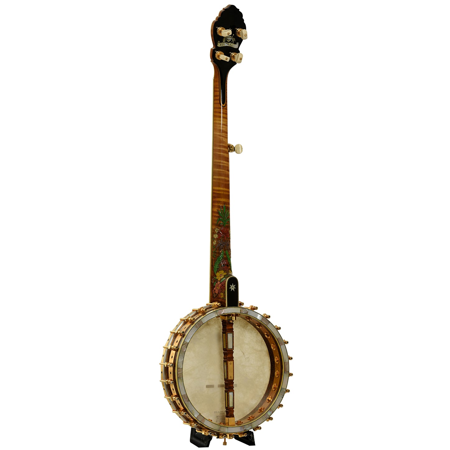 Full back and side of R.O. Buckmaster Deluxe Open Back Banjo