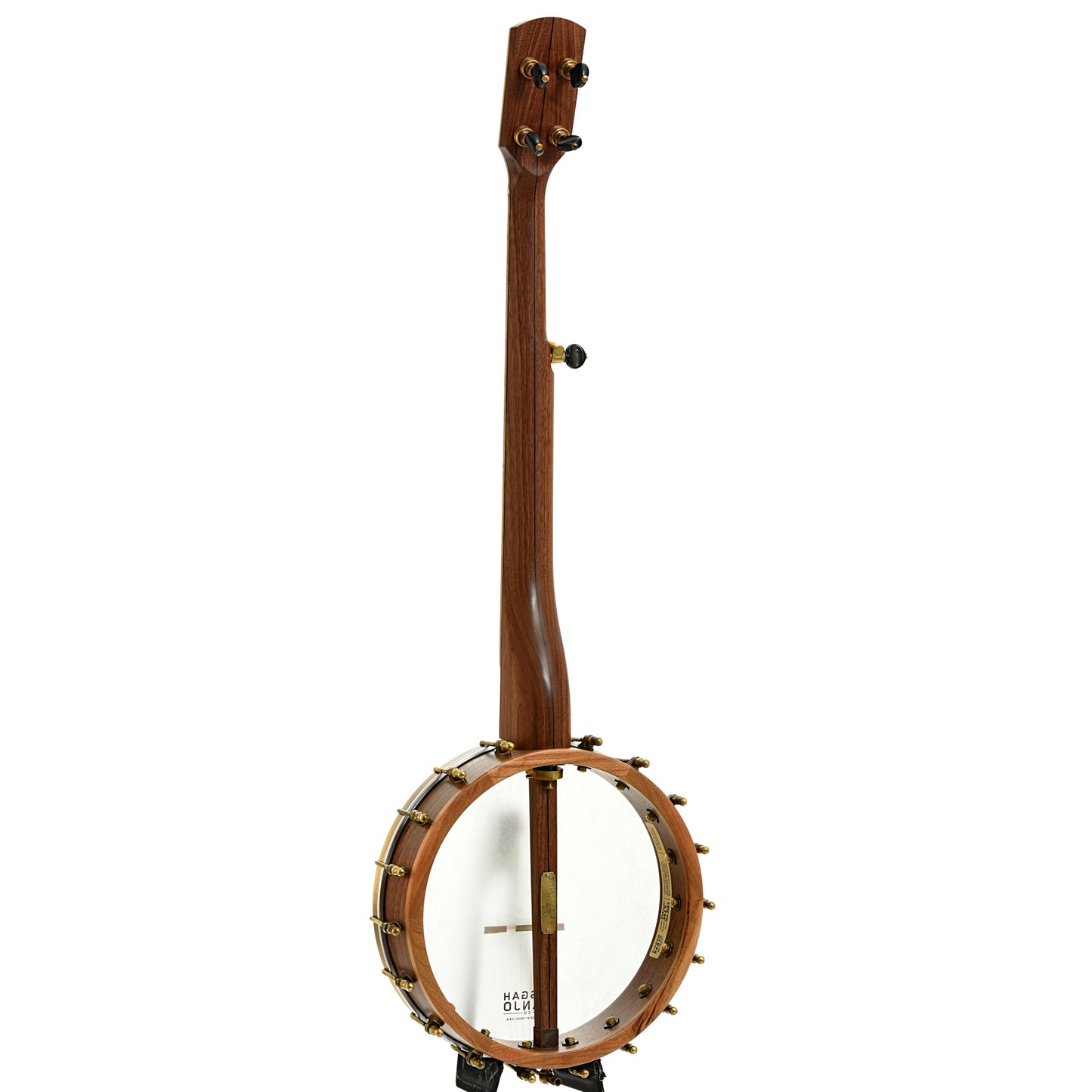 Full back and side of Pisgah Possum 11" Openback Banjo & Gigbag, Walnut, Short Scale