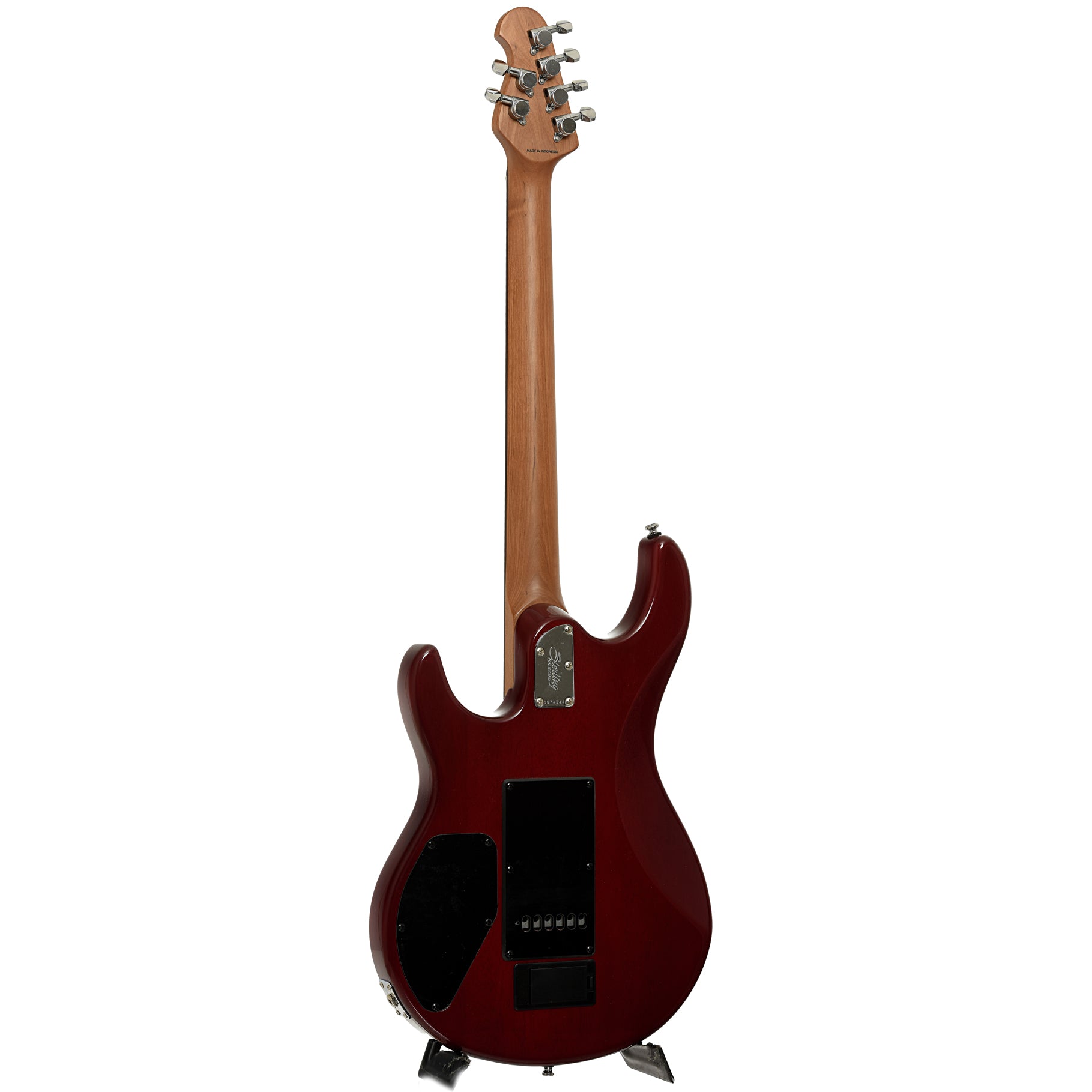 Full back and side of Sterling by Music Man Luke HSS Electric Guitar, Heritage Cherry Burst
