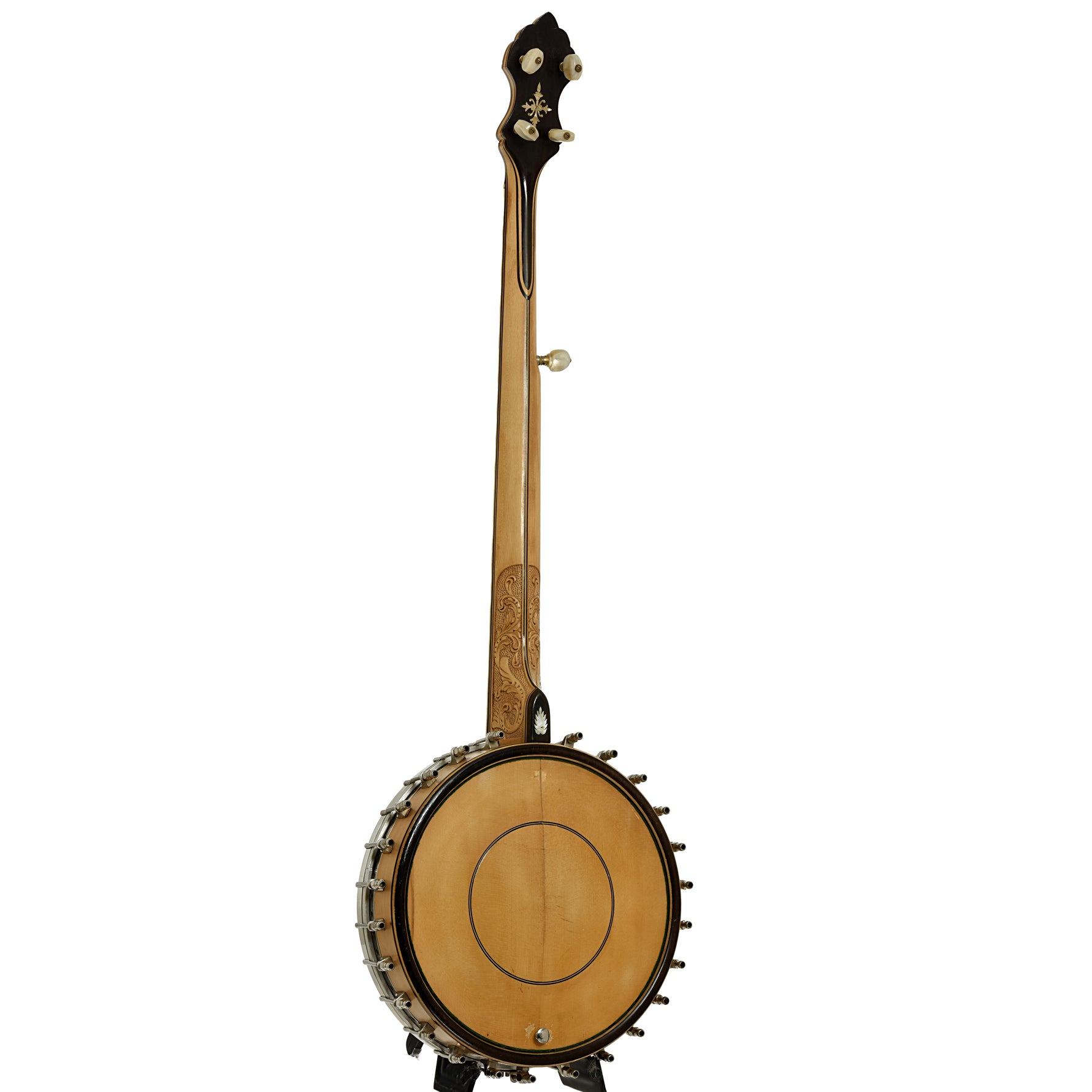 Back and side of Bacon Blue Ribbon A1 Special Open Back Banjo