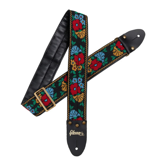 Front and back of Gibson Woven/Leather Backed Guitar Strap, The Garden