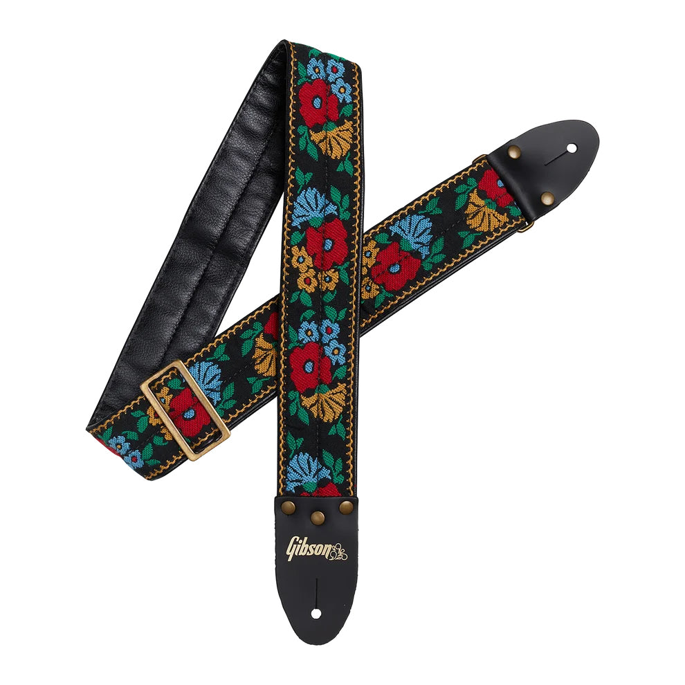 Front and back of Gibson Woven/Leather Backed Guitar Strap, The Garden