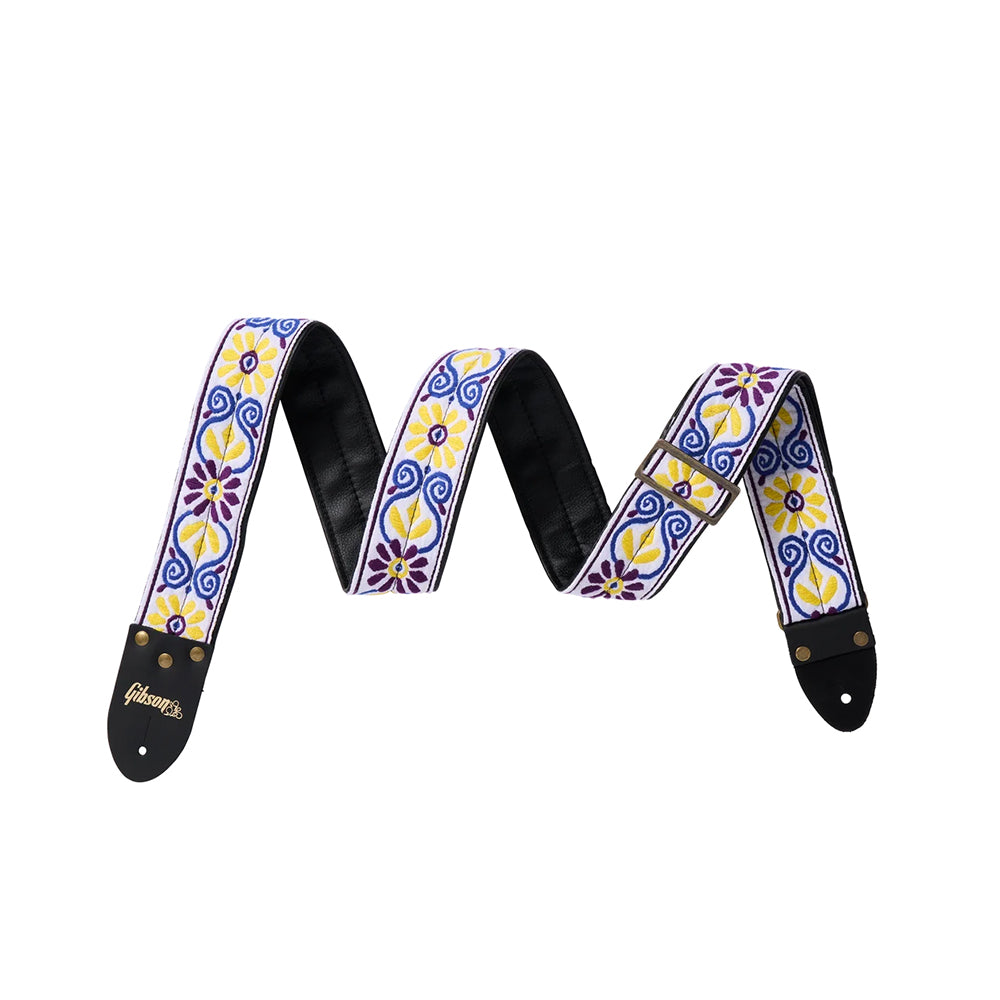 Front and back of Gibson Woven/Leather Backed Guitar Strap, The Sunflower