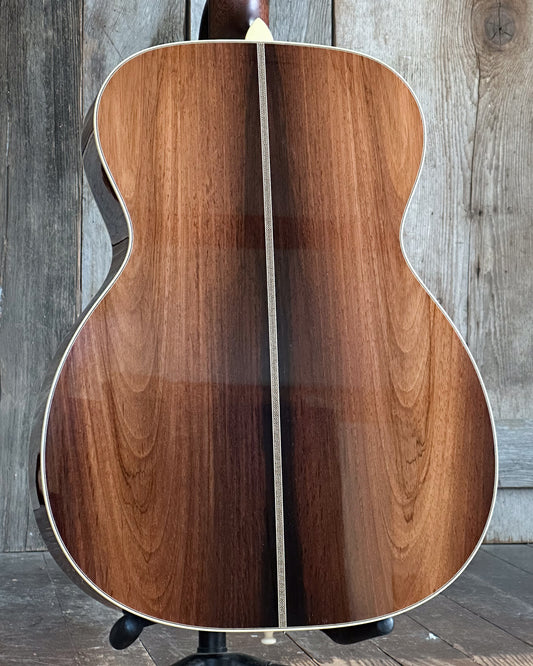 Showroom photo of back of Bourgeois Limited Edition Brazilian Rosewood 000LE Acoustic Guitar