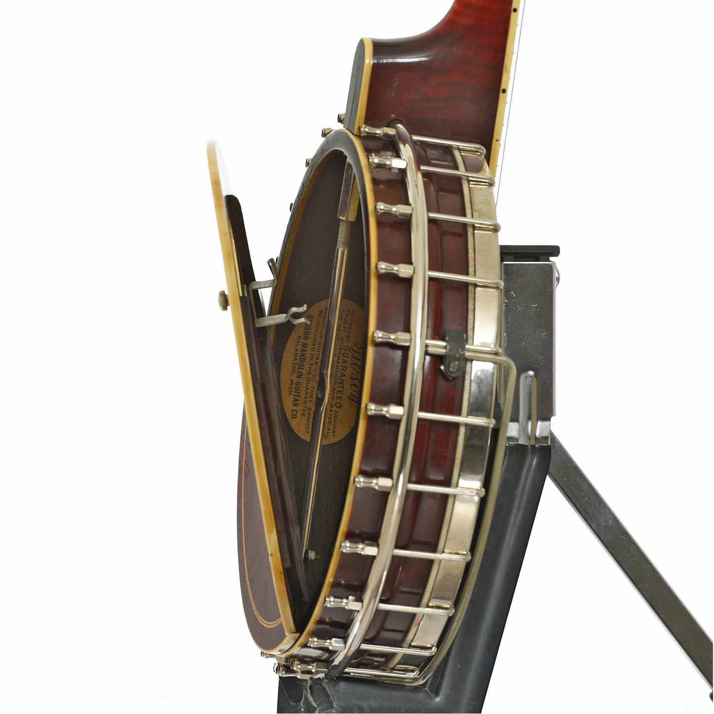 Rear door open, and logo on Gibson TB Tenor Banjo