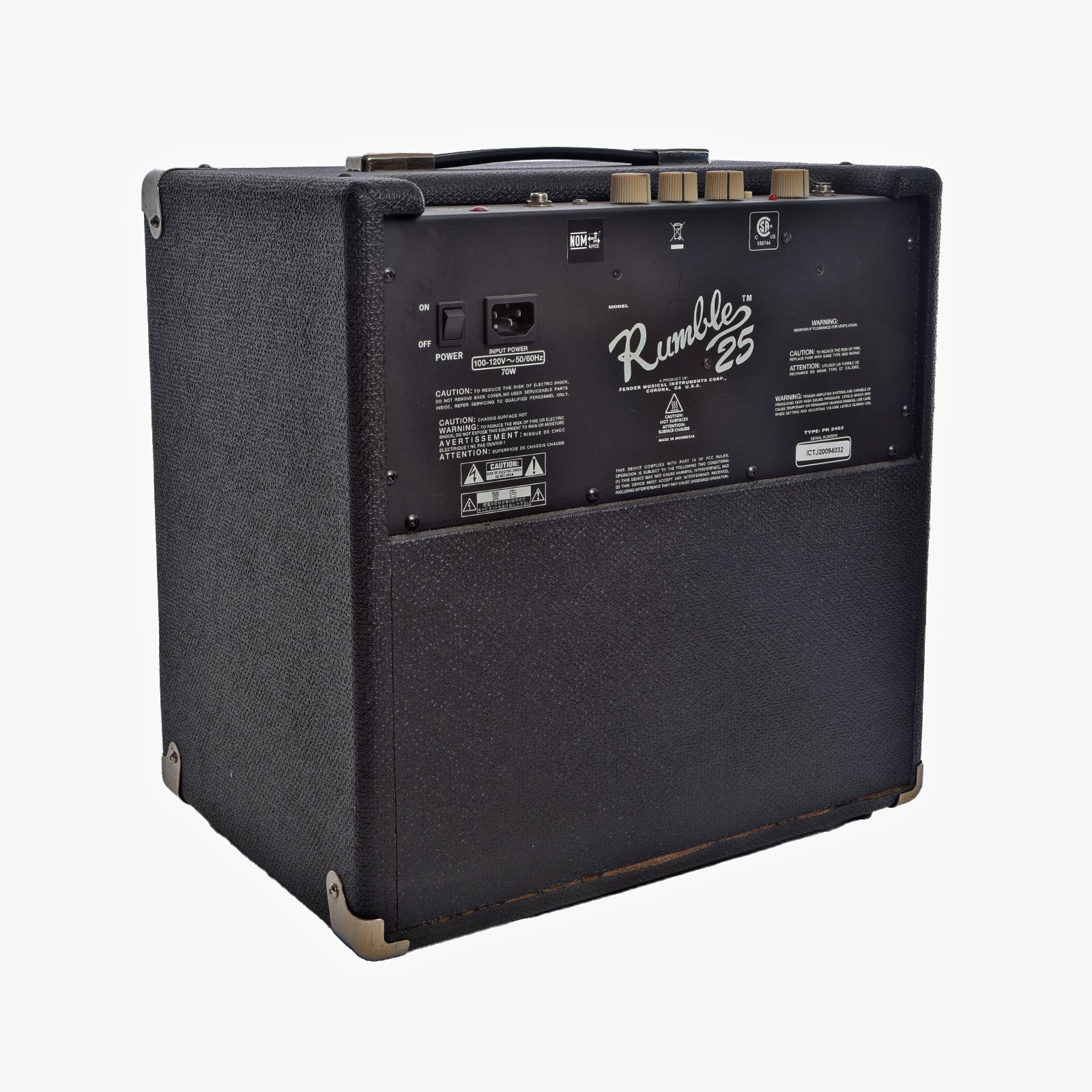 Back and side of Fender Rumble 25 Bass Combo Amplifier 