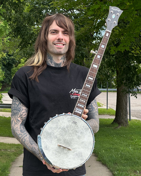 Showroom photo of Epiphone Mastertone Bowtie Openback Banjo & Gigbag