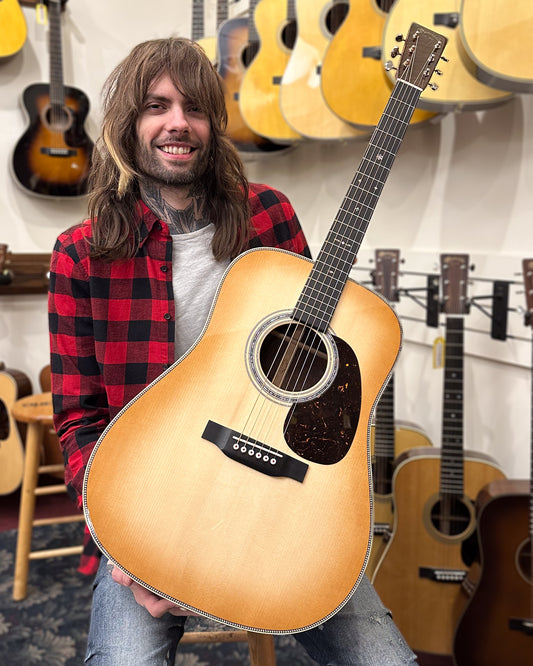 Showroom photo of Martin Custom Dreadnought Guitar & Case, Herringbone 28-Style - Wild Grain Rosewood & Adirondack Spruce, Toast Burst