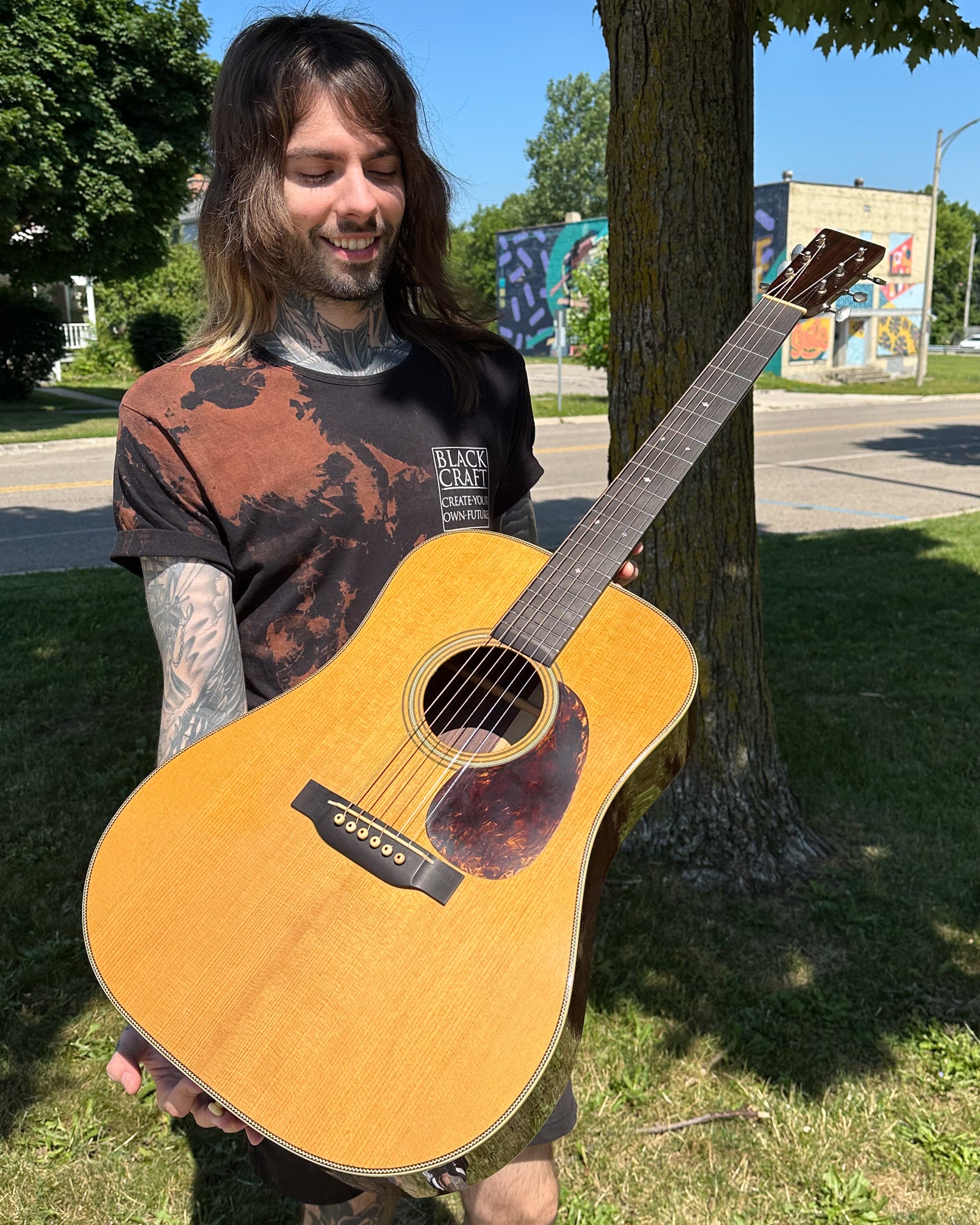 Showroom of Pre-War Guitars Co. Herringbone Dreadnought East Indian Rosewood Acoustic Guitar, Level 1 Aging