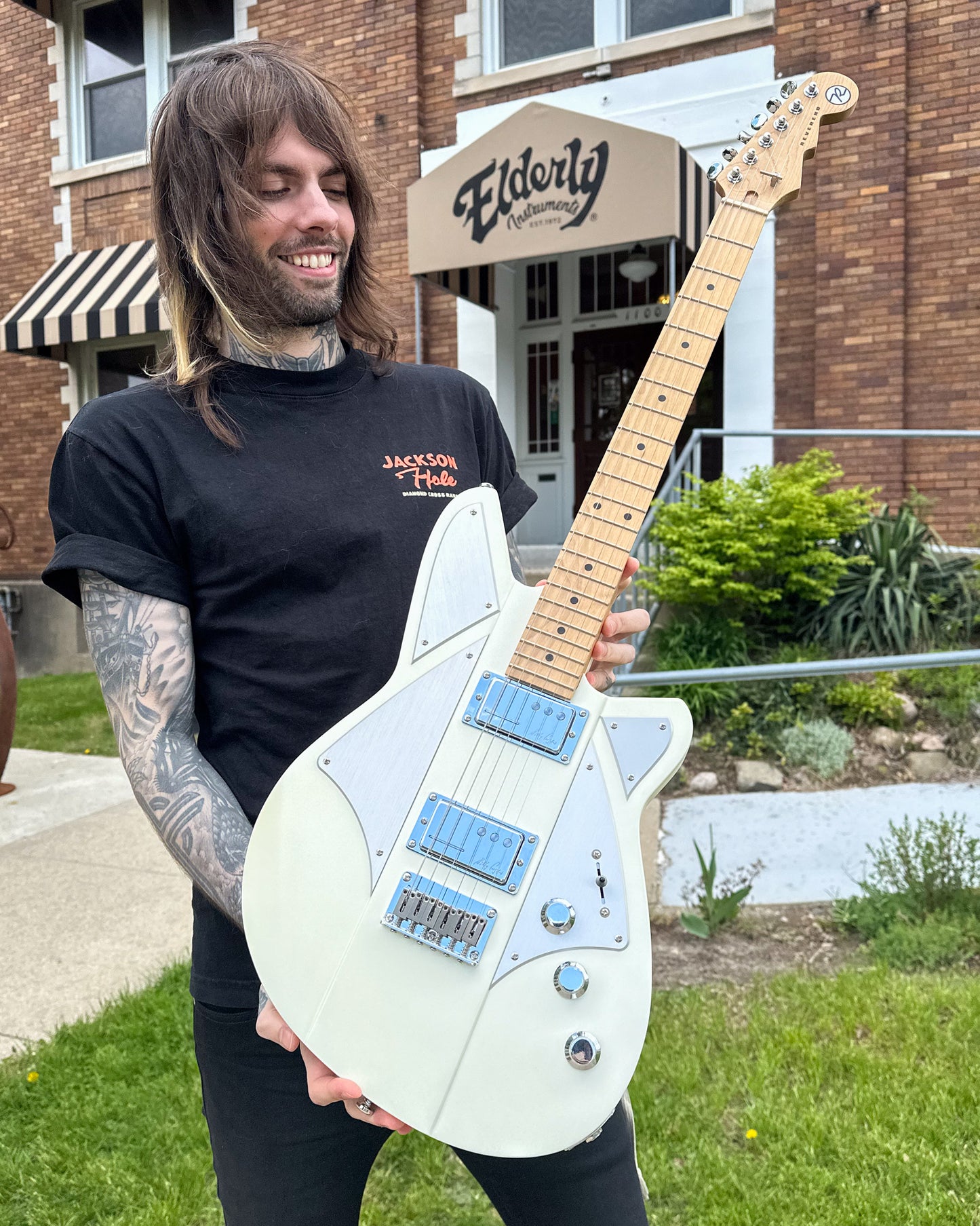 Showroom photo of Reverend Billy Corgan Signature Electric Guitar, Satin Pearl White