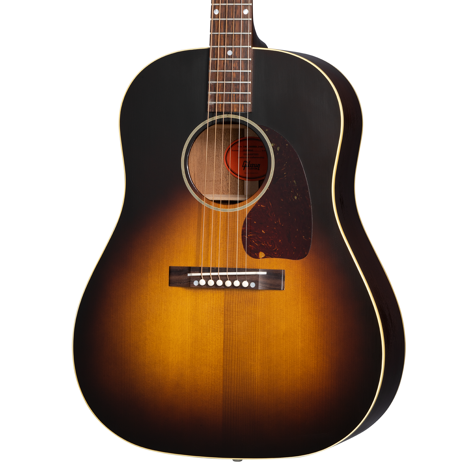 Front of Gibson 1942 Banner J-45 Acoustic Guitar & Case, Vintage Sunburst
