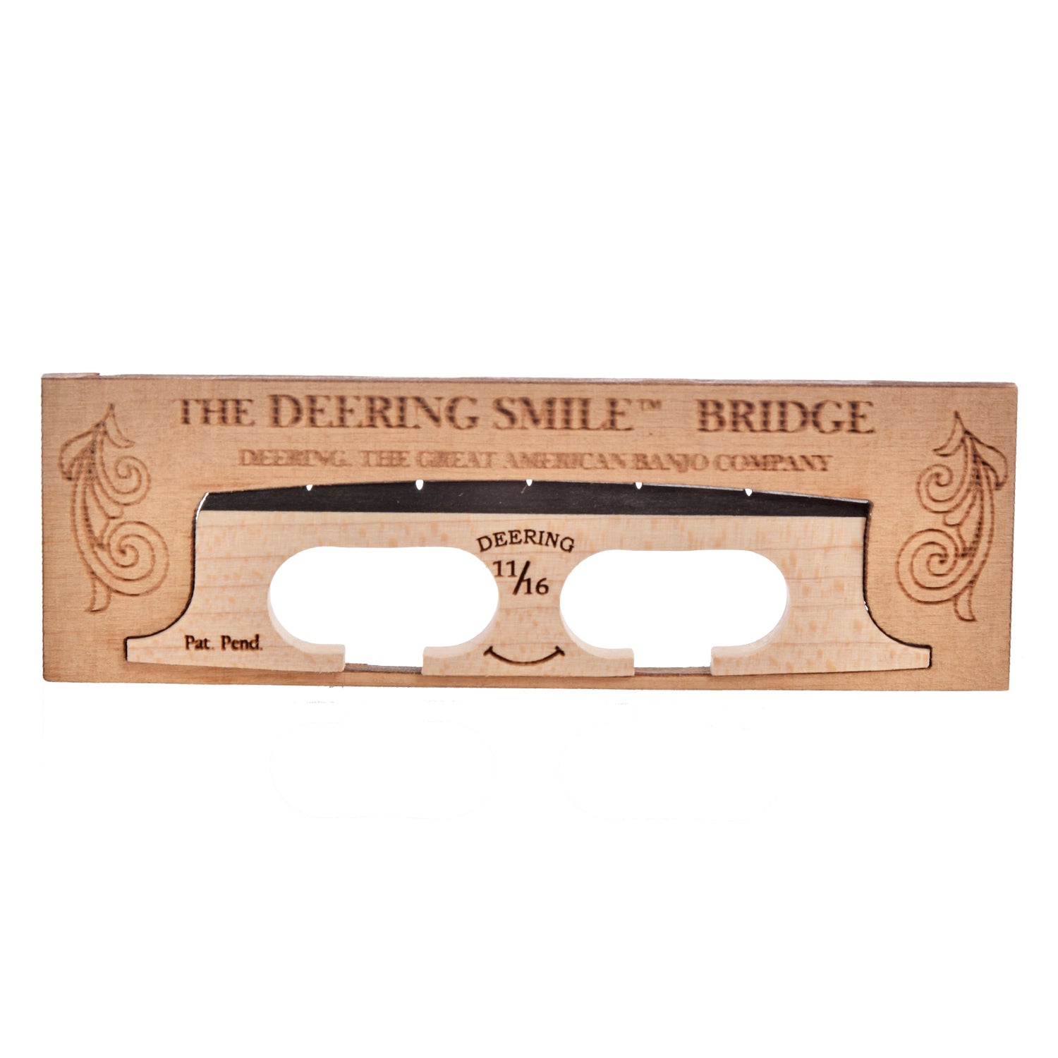 Front of Deering 11/16" Smile Banjo Bridge with Curved Feet, Radiused
