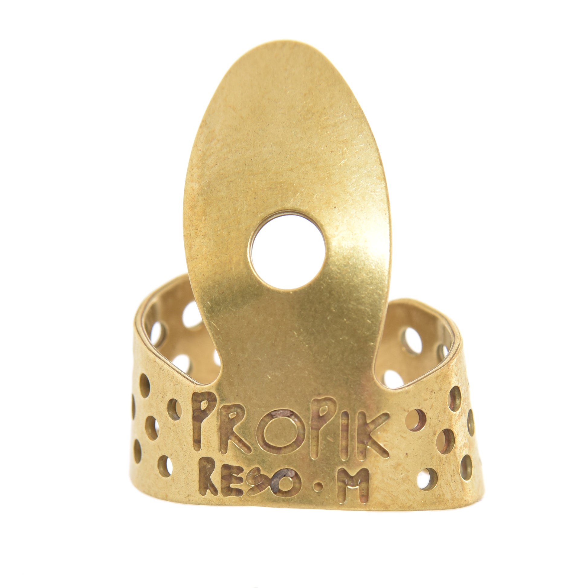 Front of Propik Brass Resophonic Guitar Fingerpick, Single Wrap, Medium