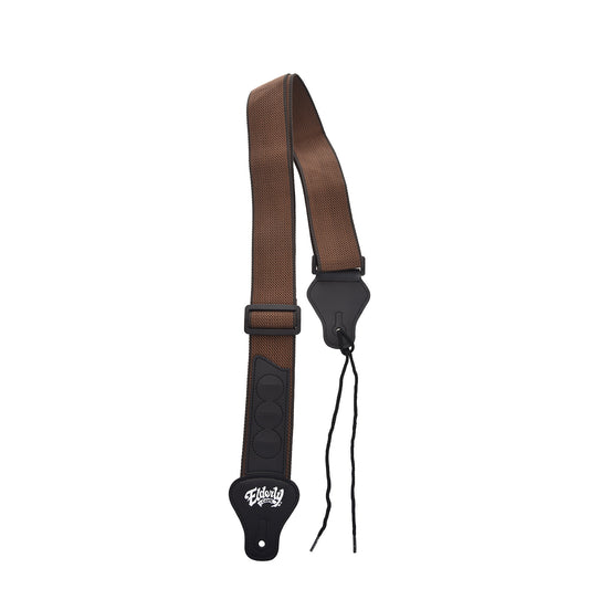 Elderly Logo Cloth Instrument Strap, brown, Front and back.
