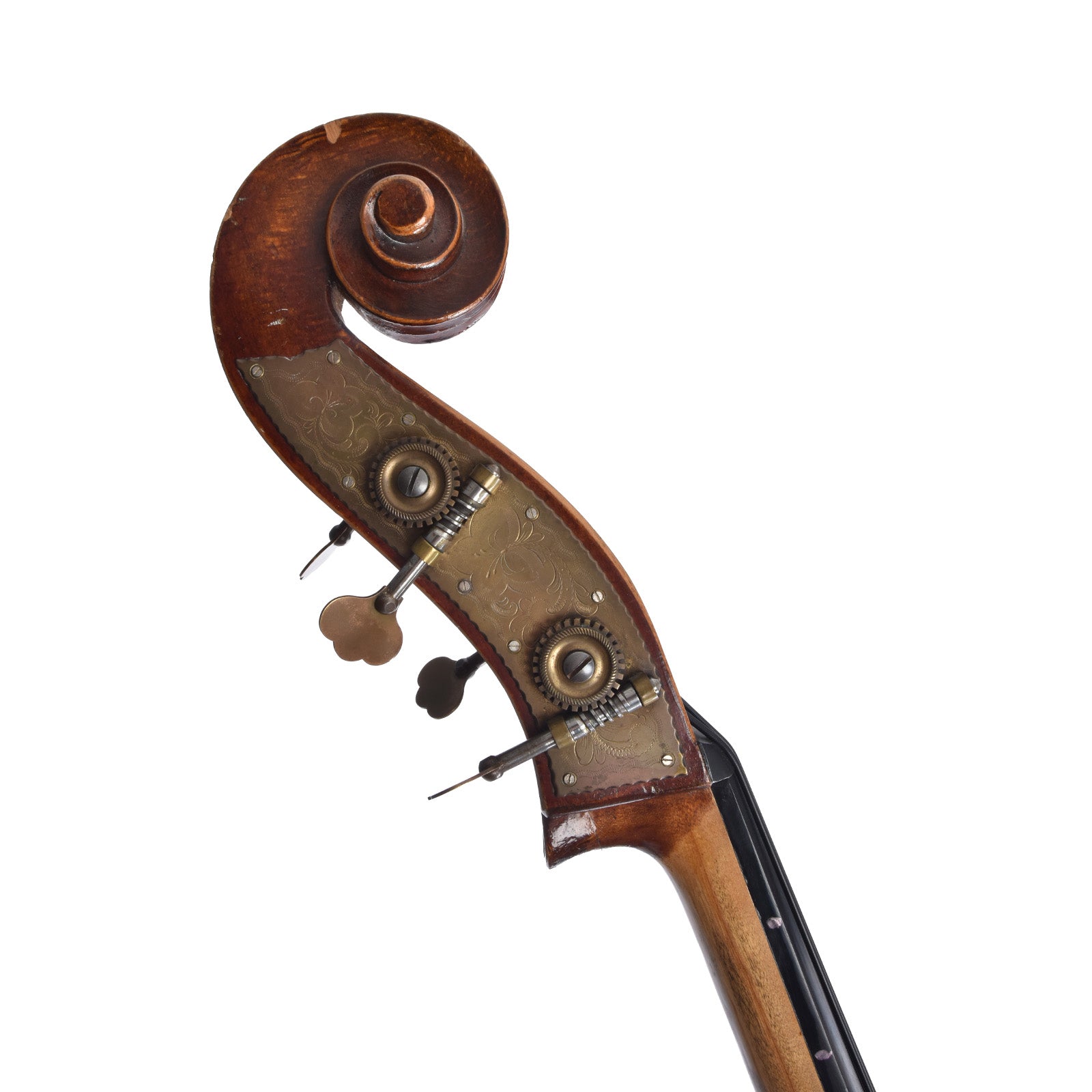 Scroll and tuners of Wilfer (?) German Made 3/4 Upright Bass