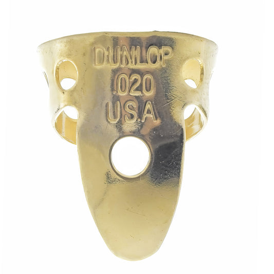 Front of Dunlop Brass .020" Fingerpick (Adult Size)