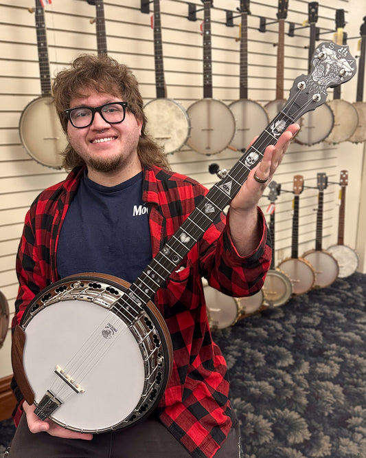 Showroom photo of Deering Scott Avett "Truth" Signature Resonator Banjo & Case