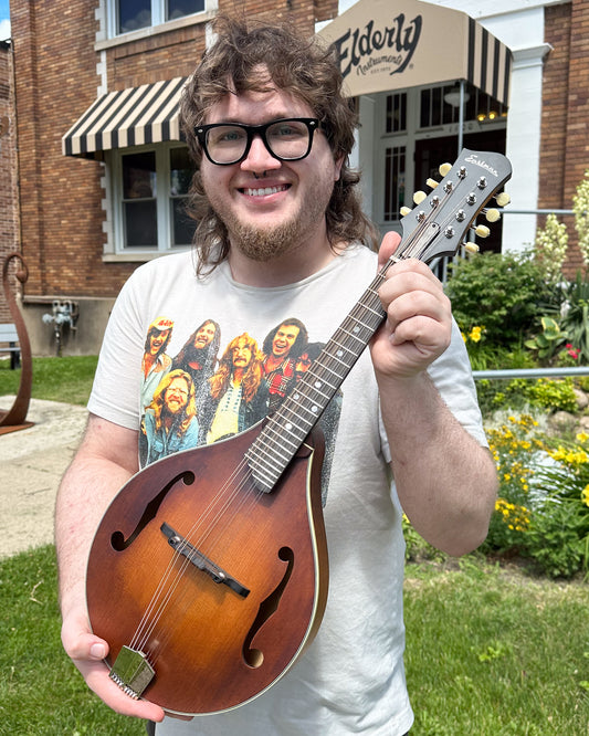 Showroom photo of Eastman MD305 Adirondack Wide Neck Amberburst Mandolin & Case