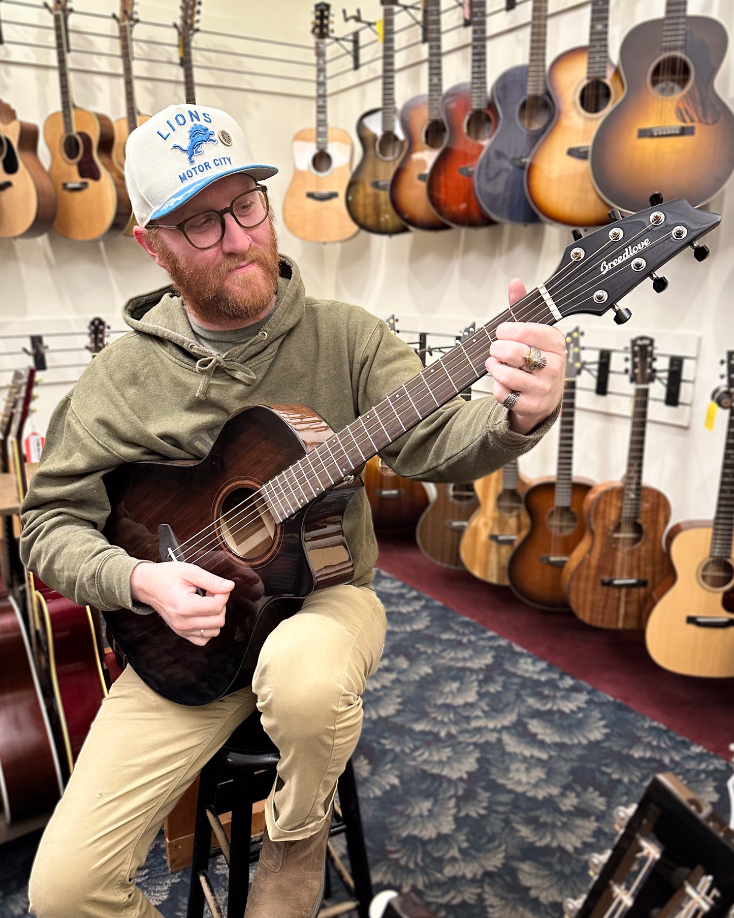 Showroom photo of Breedlove Organic Wildwood Pro Concert Suede CE African Mahogany-African Mahogany Acoustic-Electric Guitar