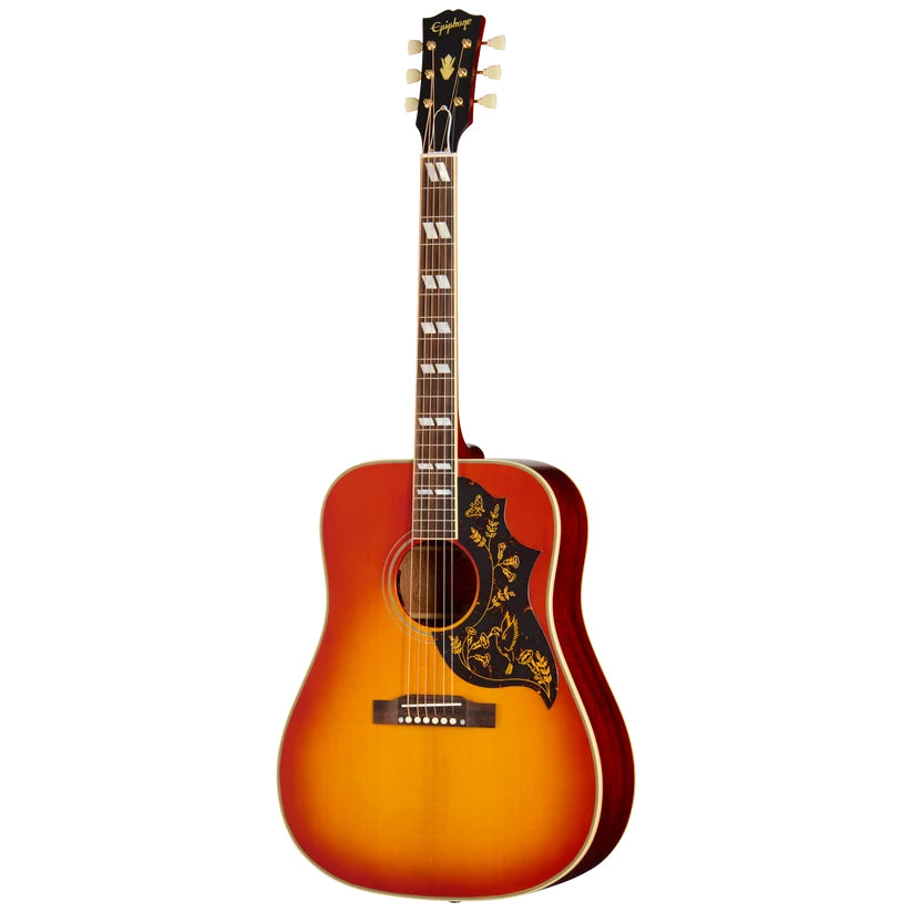 Full Front of Epiphone 1960 Hummingbird Reissue Acoustic Guitar & Case, Heritage Cherry Sunburst