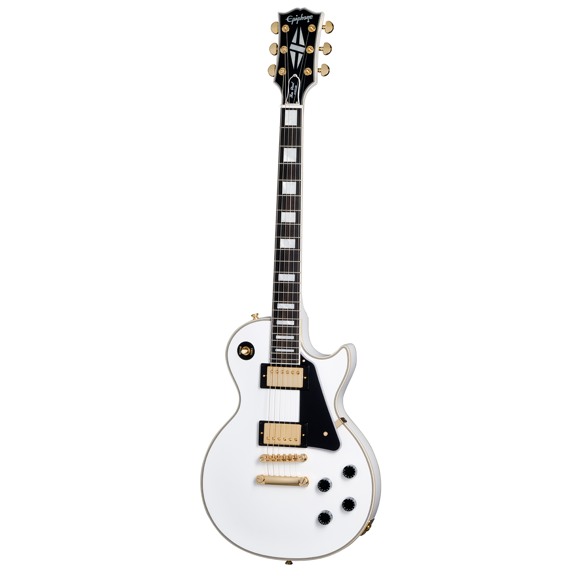 Full Front of Epiphone IGC Les Paul Custom Electric Guitar & Case, Alpine White
