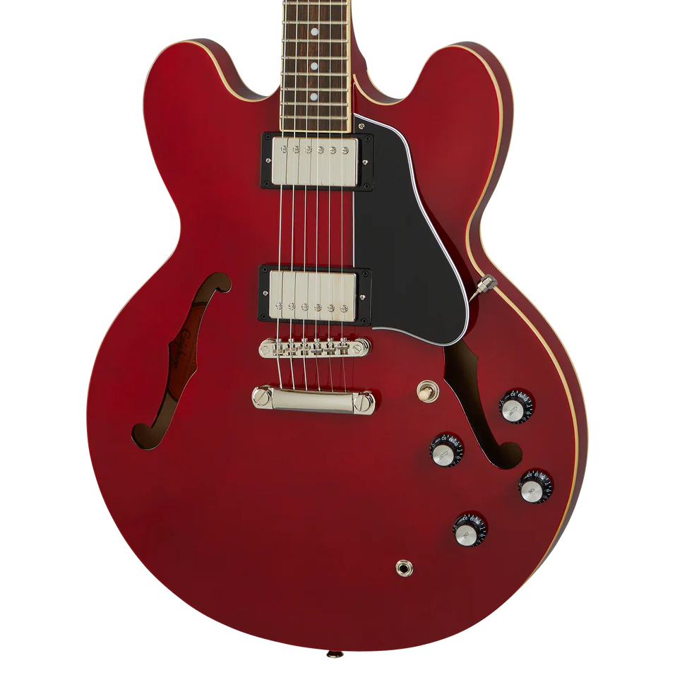 Front of Epiphone ES-335 Semi-Hollowbody Electric Guitar, Cherry