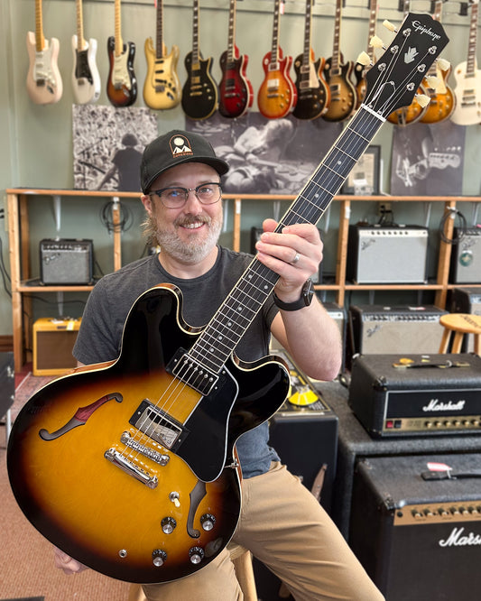 Showroom photo of Epiphone ES-335 Semi-Hollowbody Electric Guitar, Vintage Sunburst
