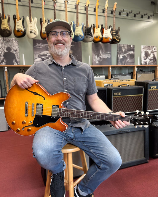 Showroom photo of Collings I-35 LC Semi-Hollowbody Electric Guitar, Iced Tea Sunburst