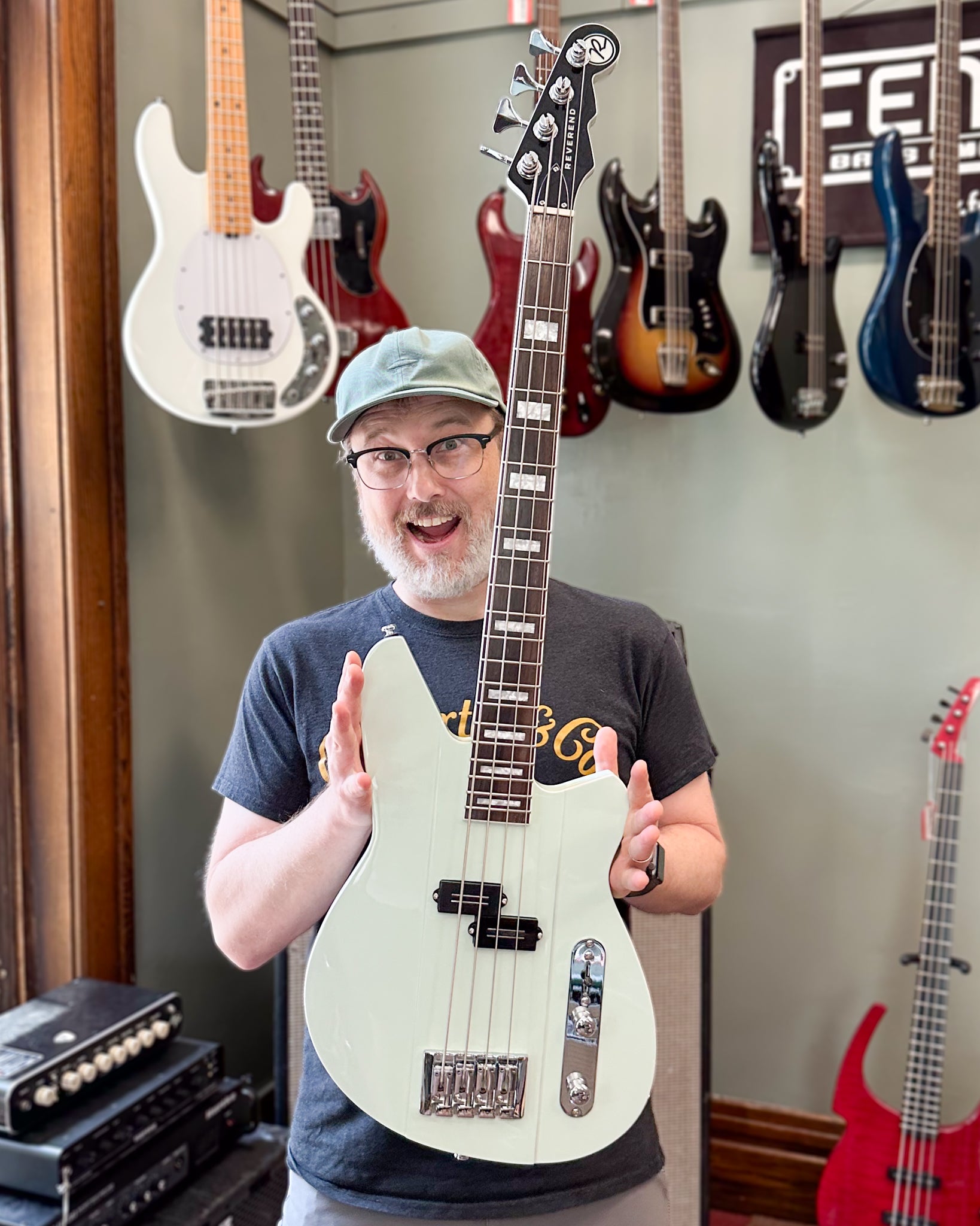 Showroom photo of Reverend Sentinel Short Scale Electric Bass Guitar, Iconic Blue