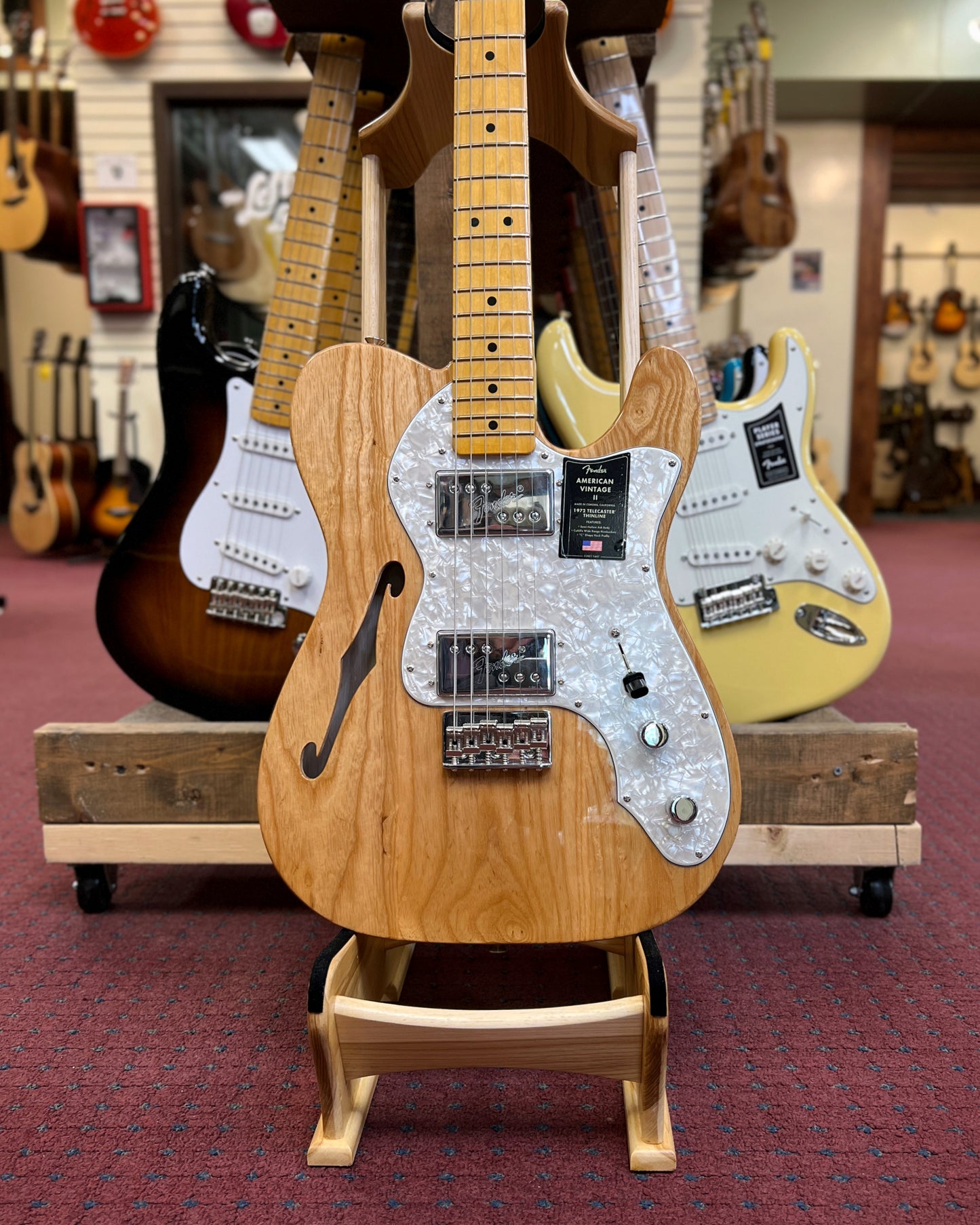 Showroom Photo of Front of Fender American Vintage II 1972 Telecaster Thinline, Aged Natural