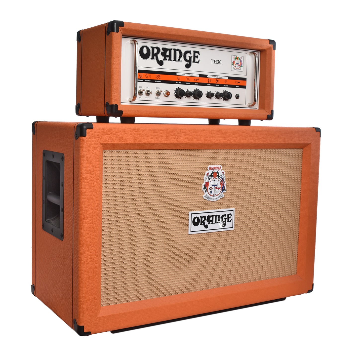 Full front and side of Orange TH30 Head / PPC212 2x12 Cab Amp Rig