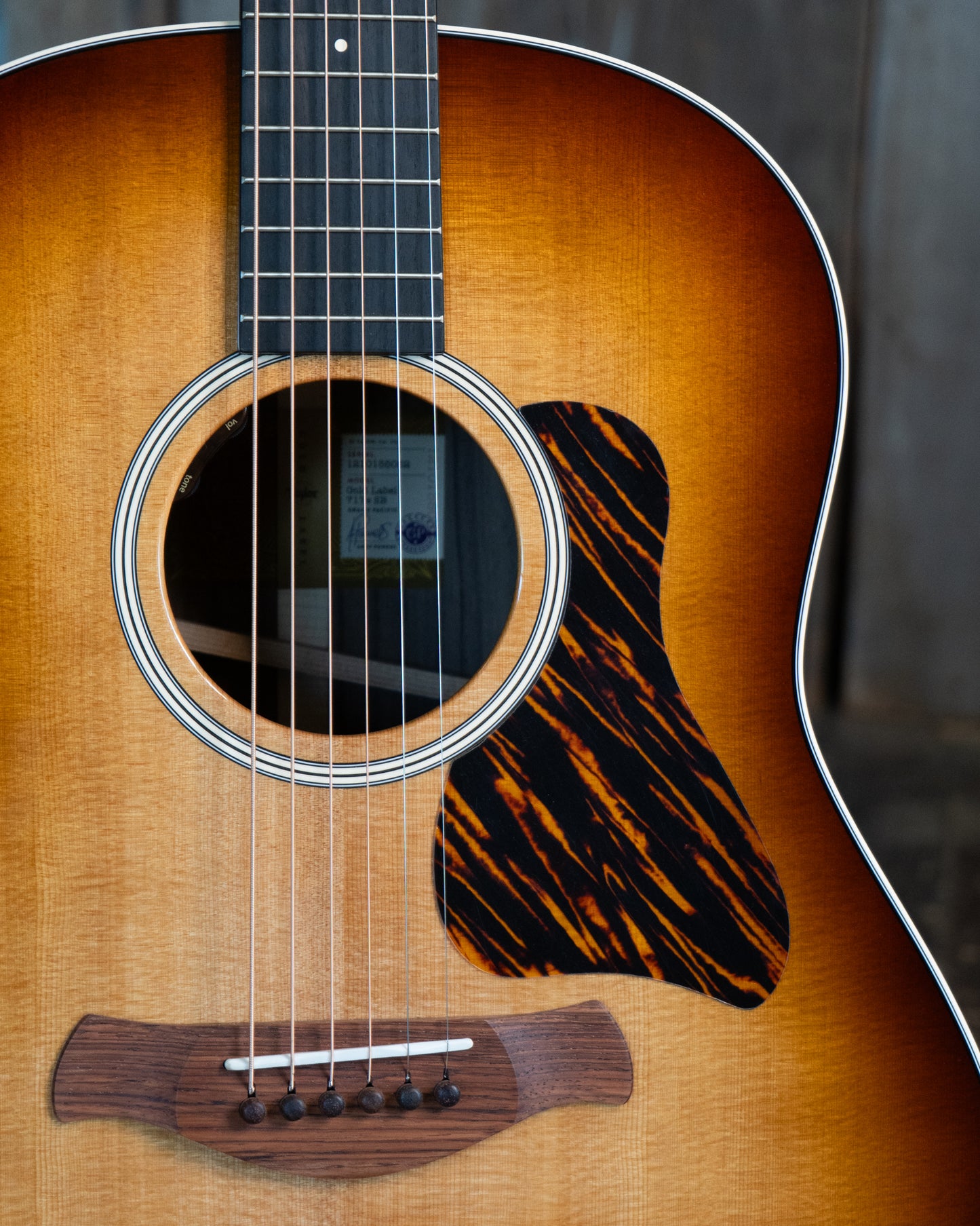 Showroom photo of Taylor Gold Label 717e Acoustic-Electric Guitar & Case, Sunburst