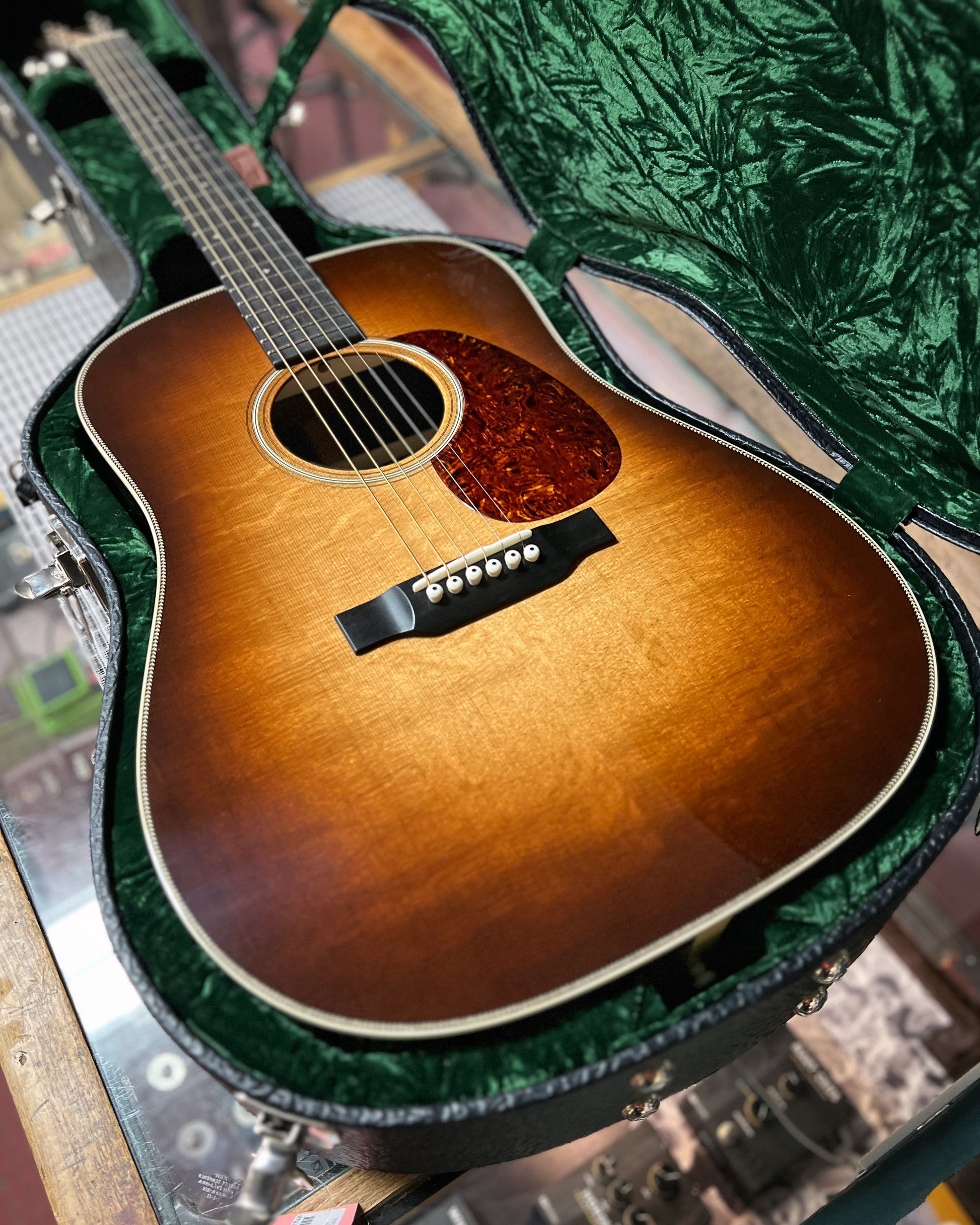 Showroom photo of Front of Bourgeois Custom Vintage Dreadnought Acoustic Guitar, Sunburst Top