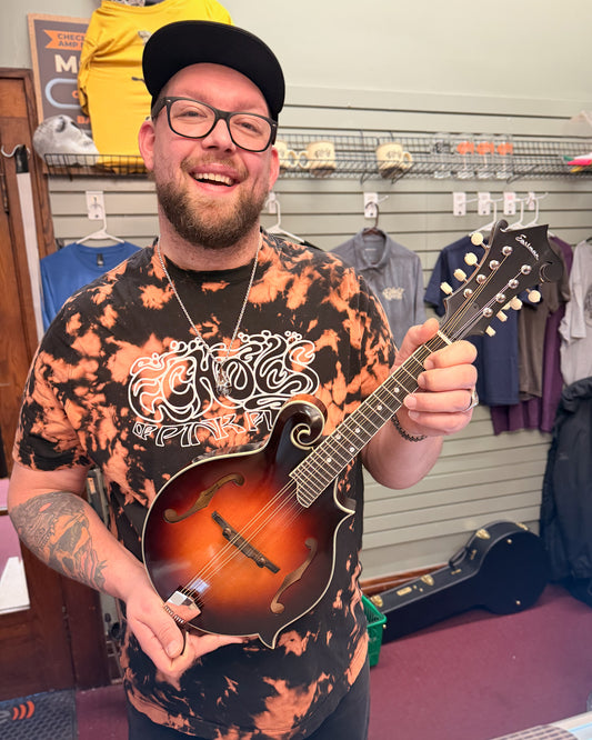 Showroom photo of Eastman MD515/TV Wide Neck Sunburst Mandolin & Case